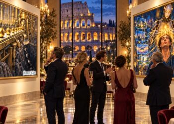 An imagined luxury art exhibition overlooking Rome’s Colosseum pairing Herbert Sim’s Demonic and Satanic Intelligence artworks, exploring destructive optimization and concealed domination through assistance and dependence.