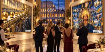 An imagined luxury art exhibition overlooking Rome’s Colosseum pairing Herbert Sim’s Demonic and Satanic Intelligence artworks, exploring destructive optimization and concealed domination through assistance and dependence.